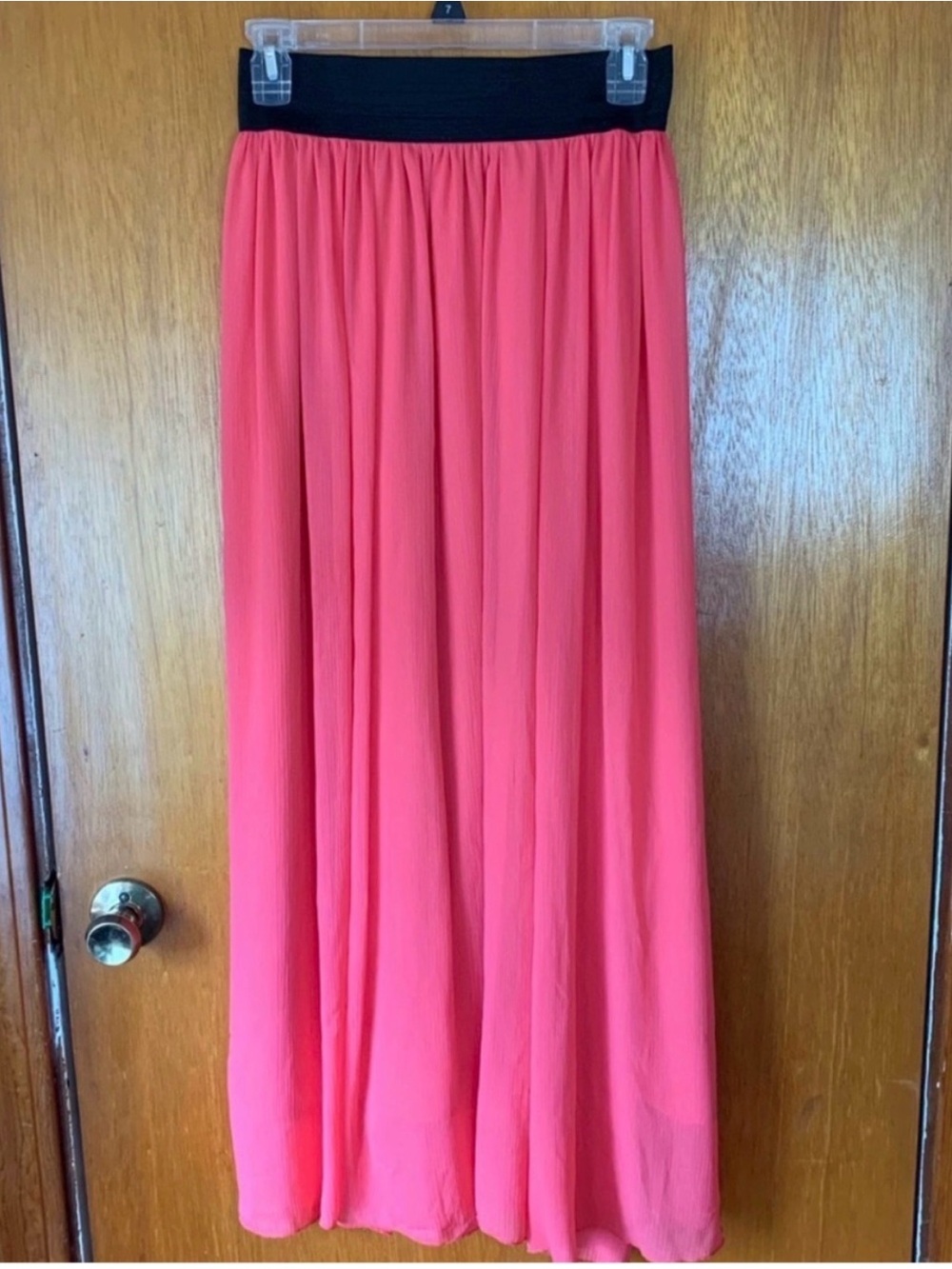 Flowing Coral Pink Maxi Skirt with Black Elastic Waistband
